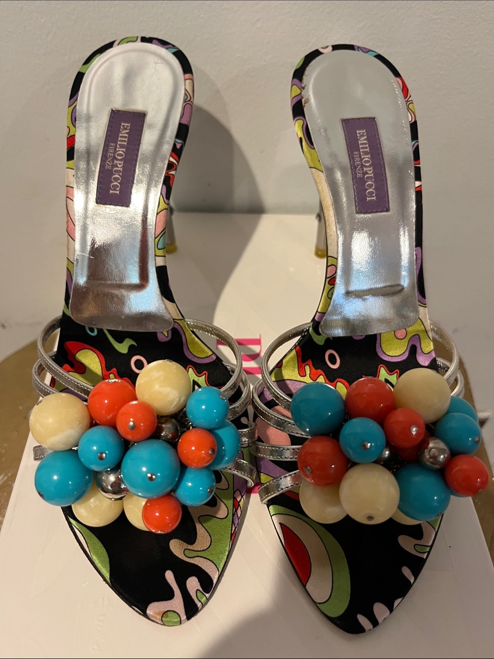 Emilio Pucci Multicolor Beaded Slide Heels - Turquoise/Coral/Cream/Silver